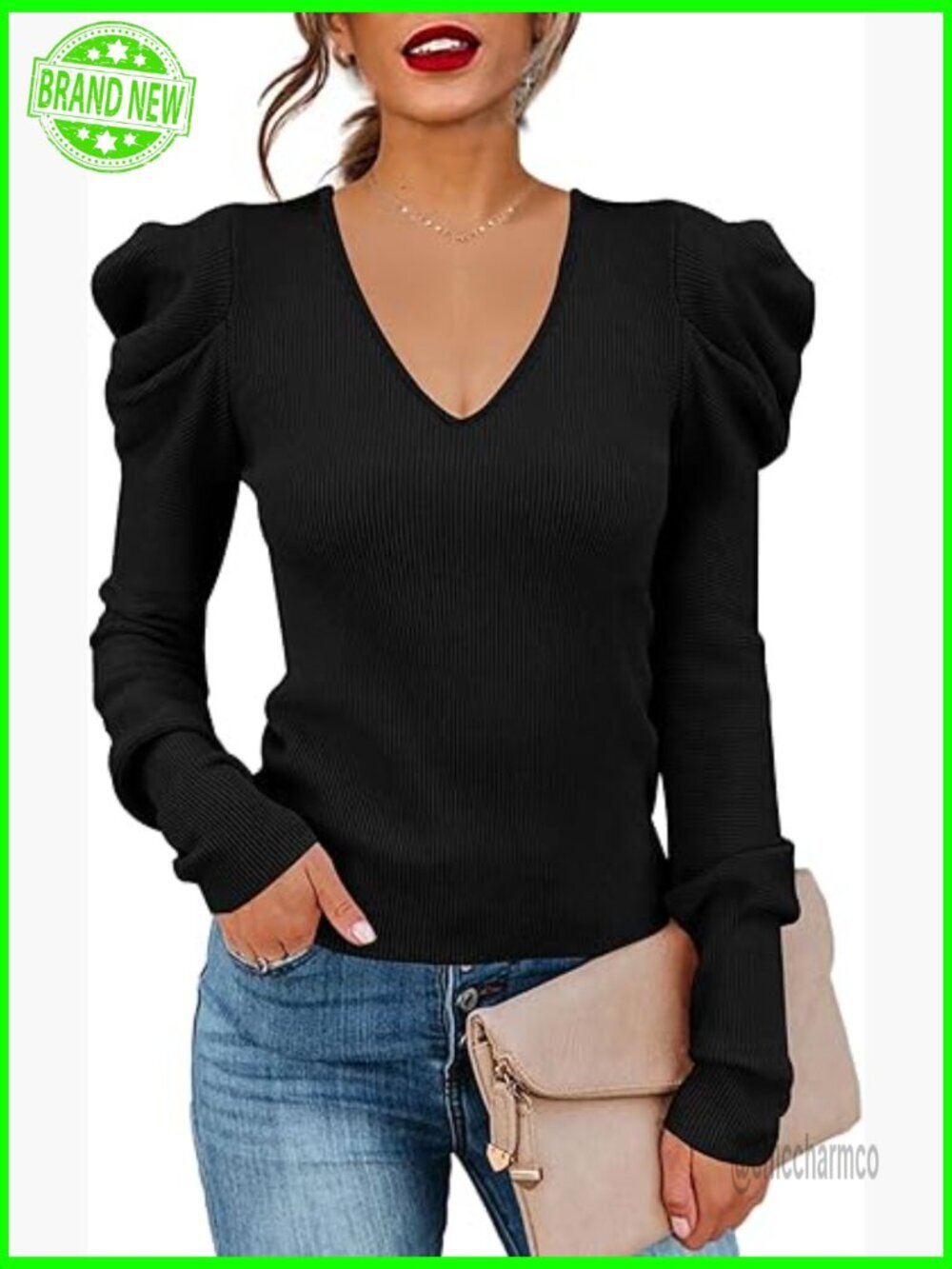 Women's Puff Long Sleeve Knit Pullover Sweater V Neck Ribbed Solid Slim Fit Top